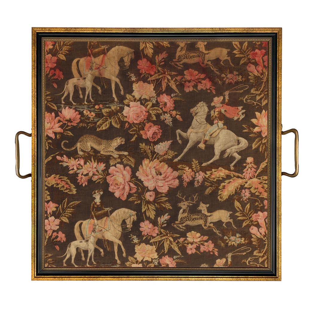 Pink and Brown Equestrian Fabric Print Decorative Tray: Small
