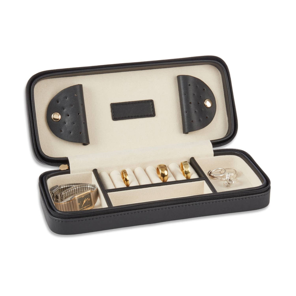 Open Bey-Berk Cora black jewelry case with ring, necklace, and earring storage
