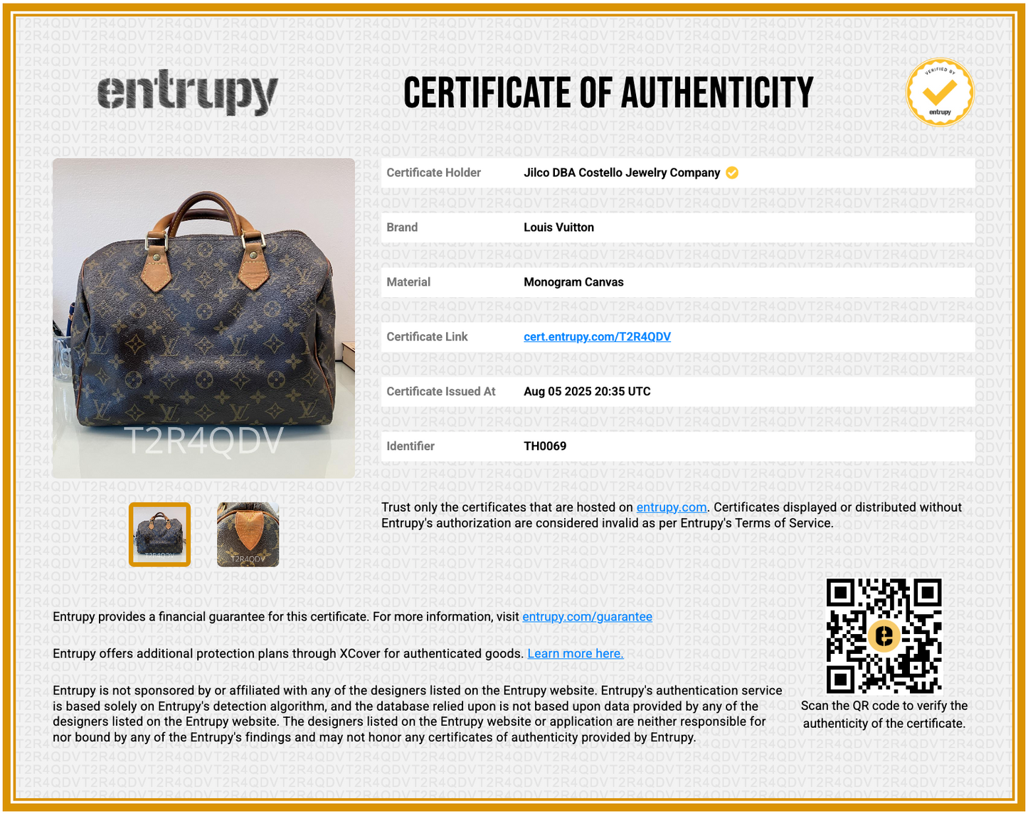 Certificate of Authenticity for Pre-Loved Louis Vuitton Speedy 30 Monogram Canvas