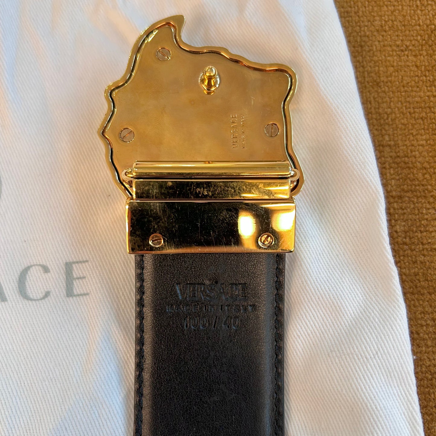 Pre-Loved Versace Black/Blue La Greca Print Medusa Head Belt 100cm