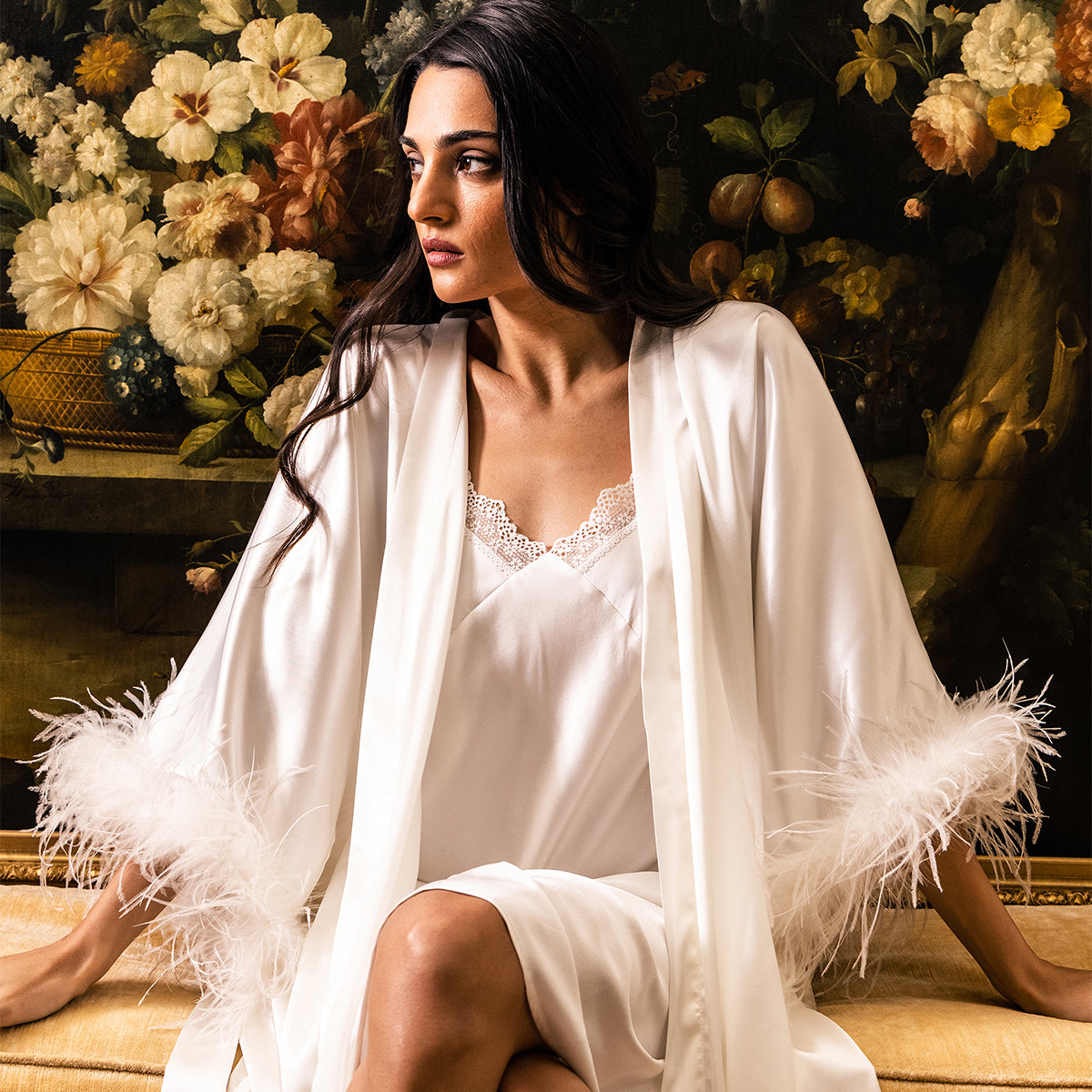 Silk Nightgown with Lace - White
