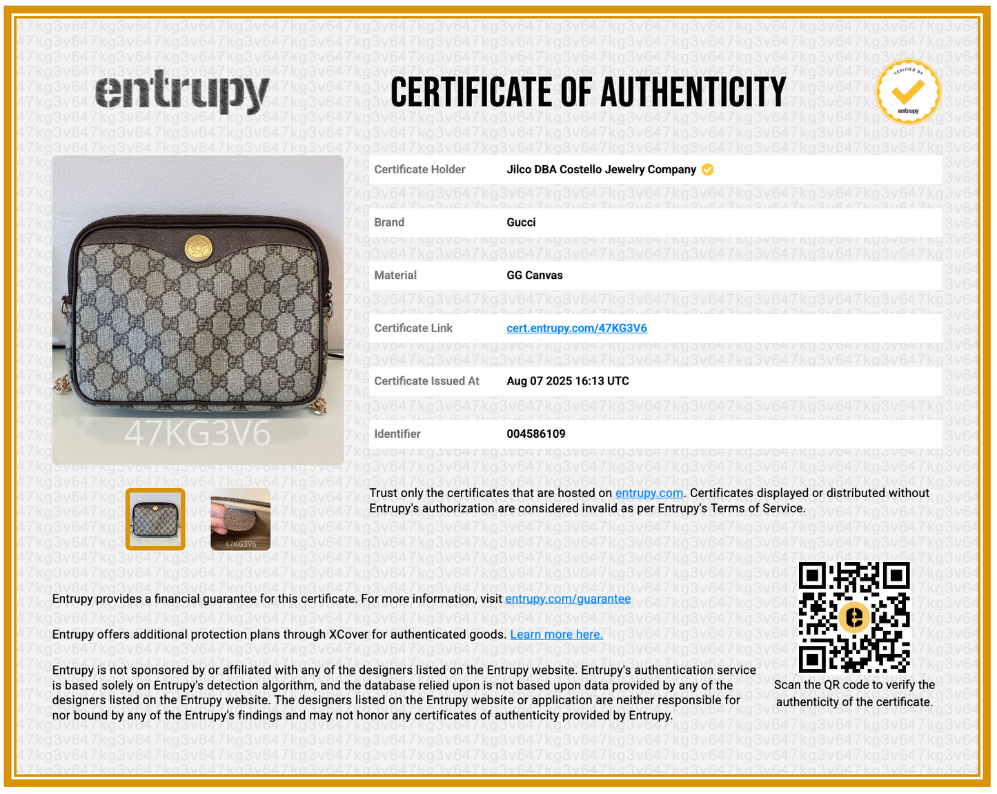 Pre-Loved Gucci GG Supreme Crossbody Bag Certificate