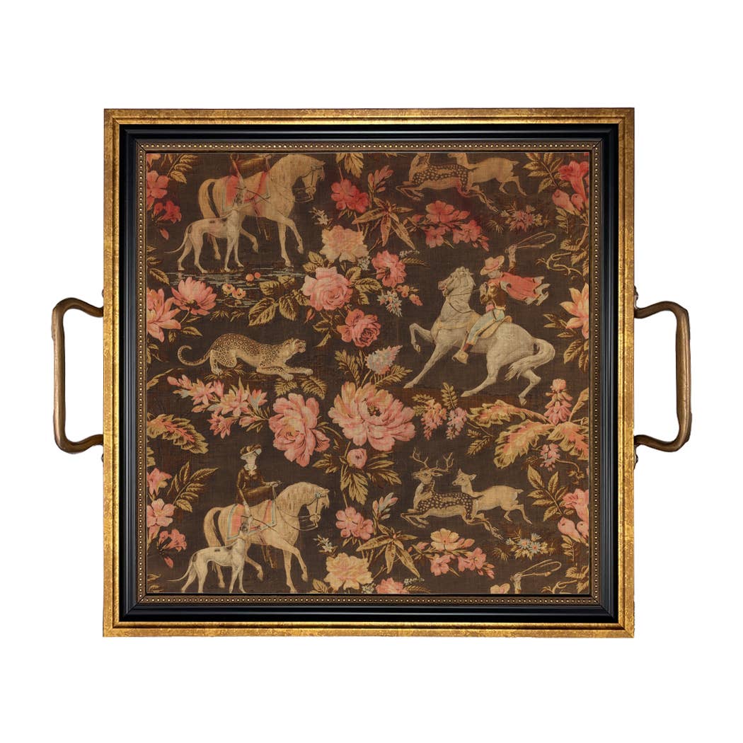 Pink and Brown Equestrian Fabric Print Decorative Tray: Small
