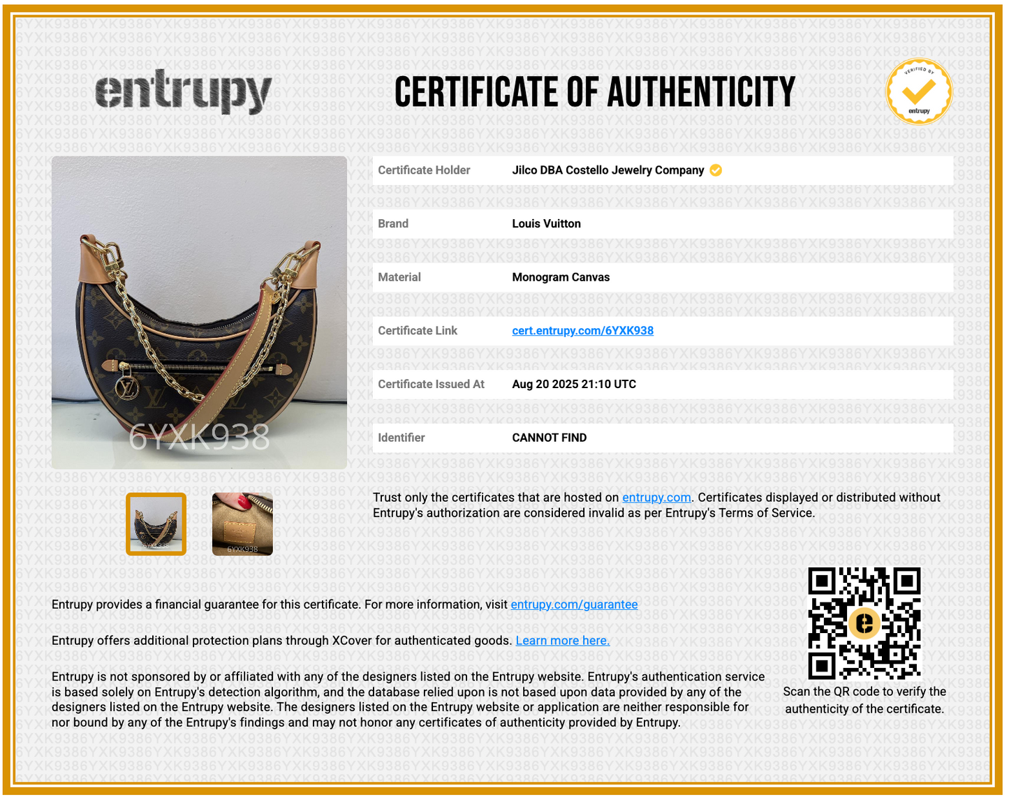 certificate of authenticity for Pre-Loved Louis Vuitton Monogram Loop
