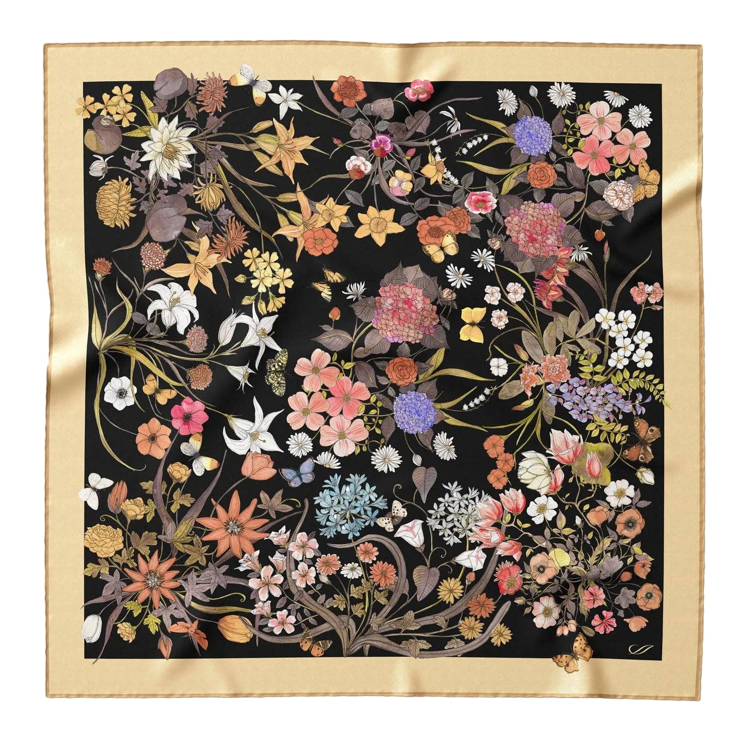 Flora - Hand Rolled Silk Foulard - Black
