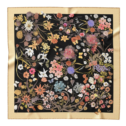 Flora - Hand Rolled Silk Foulard - Black