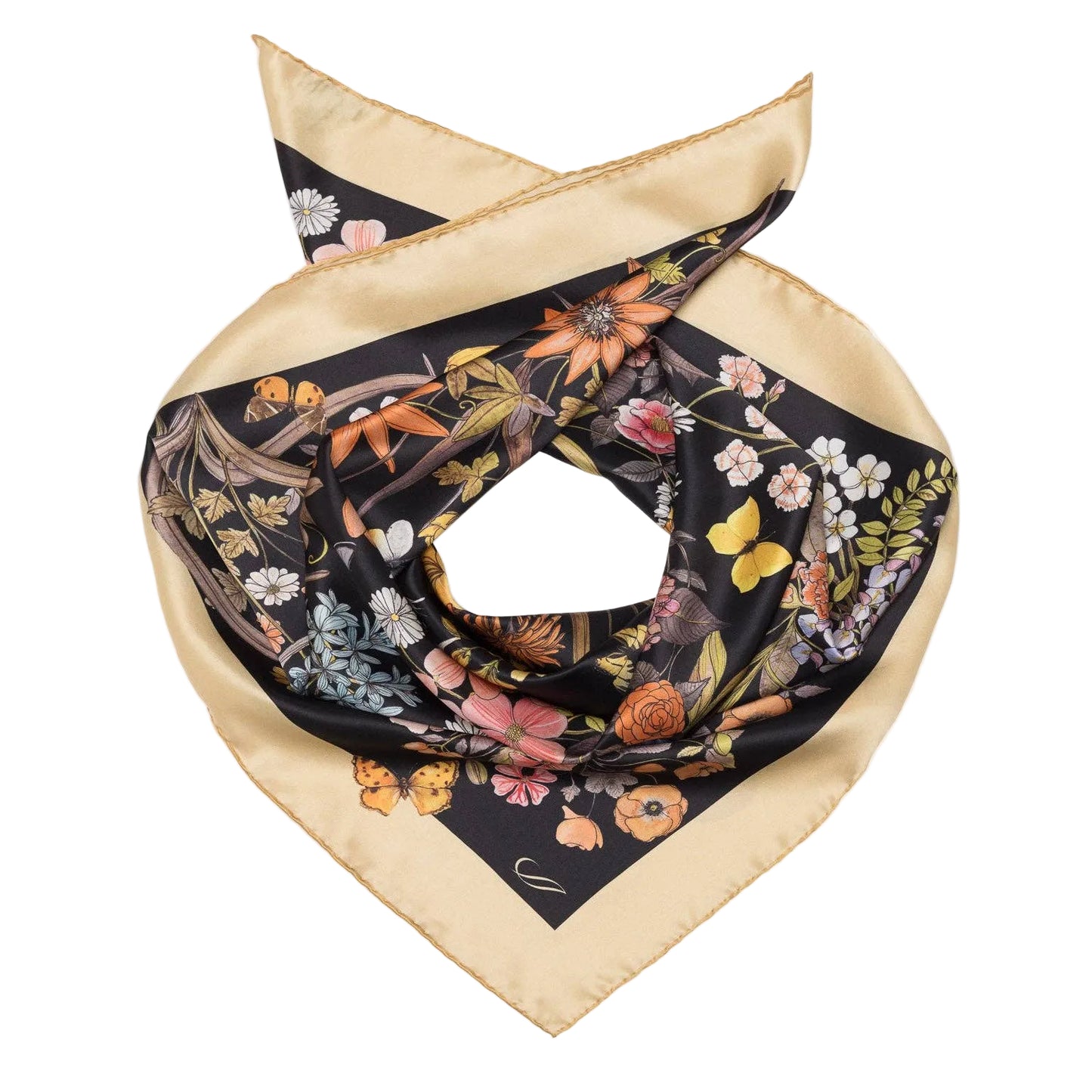 Flora - Hand Rolled Silk Foulard - Black