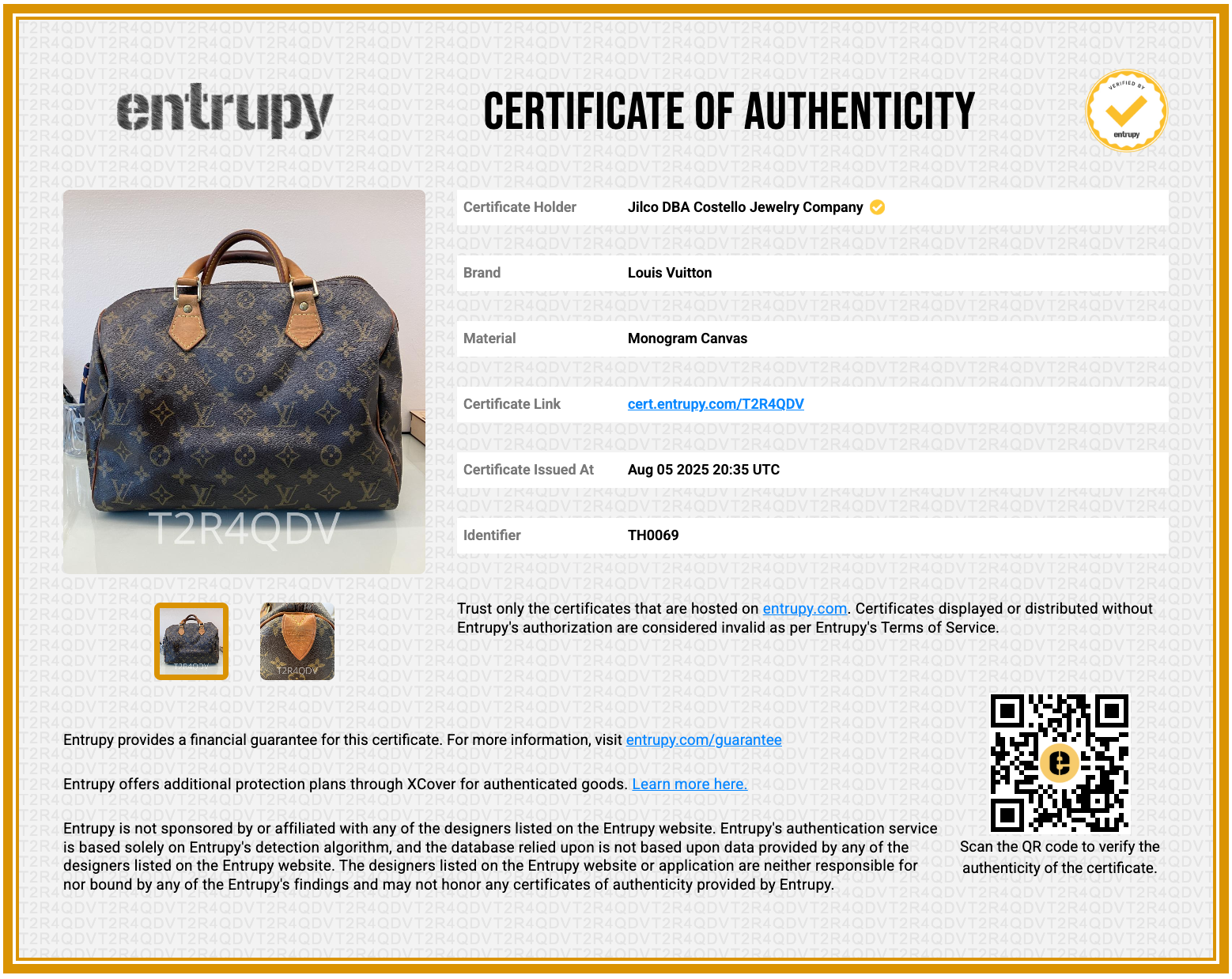 Certificate of Authenticity for Pre-Loved Louis Vuitton Speedy 30 Monogram Canvas