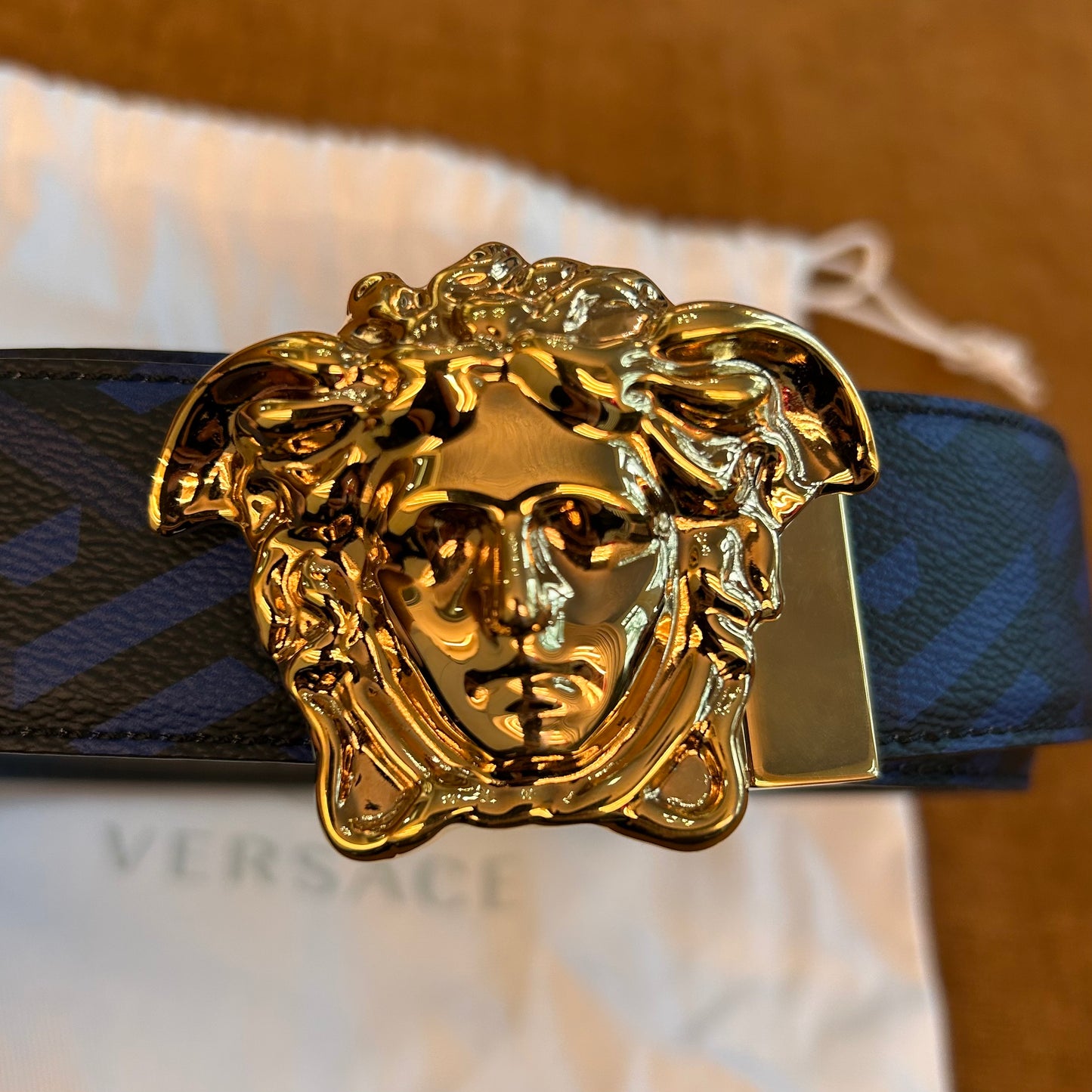 Pre-Loved Versace Black/Blue La Greca Print Medusa Head Belt 100cm