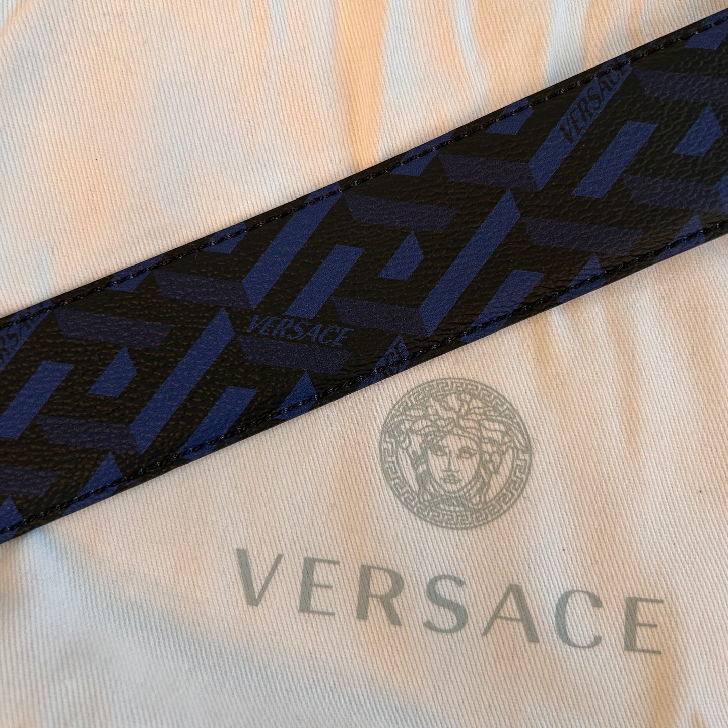 Pre-Loved Versace Black/Blue La Greca Print Medusa Head Belt 100cm