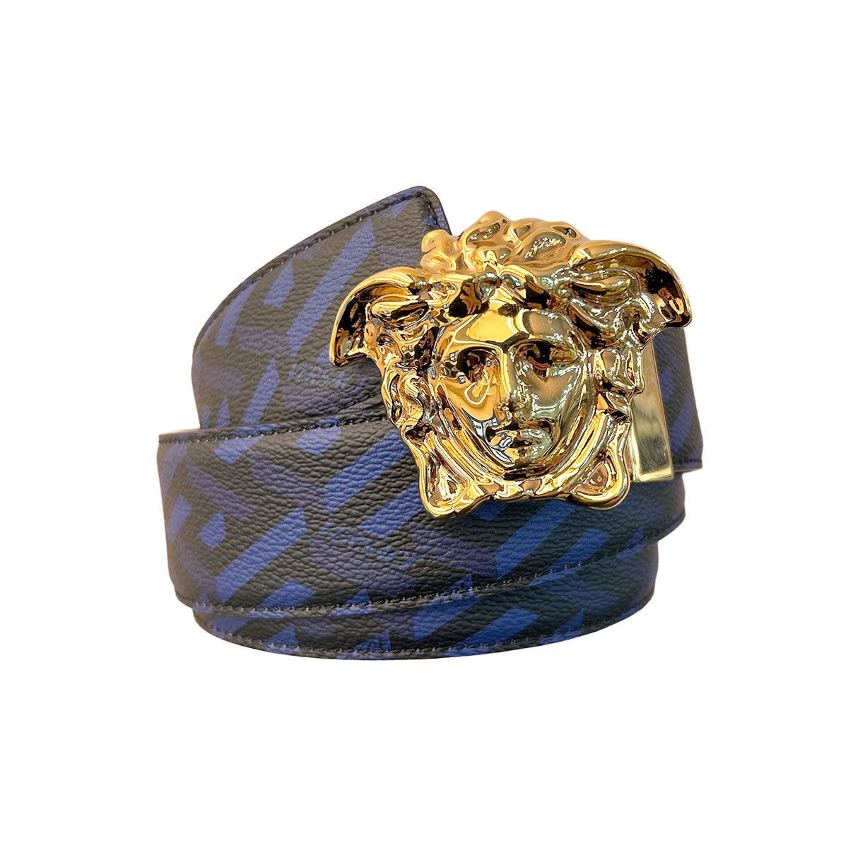 Pre-Loved Versace Black/Blue La Greca Print Medusa Head Belt 100cm