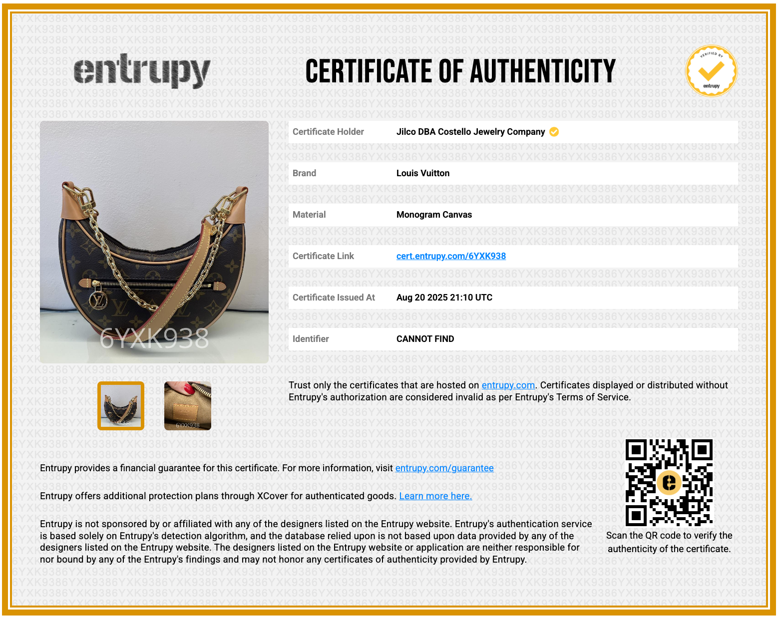 certificate of authenticity for Pre-Loved Louis Vuitton Monogram Loop